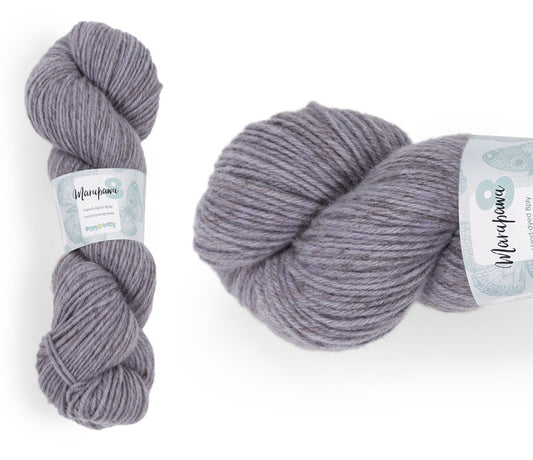 Hand-dyed yarn, 75% merino / 25% arapawa. Colourway: Lavender Mist. Available in 4ply and 8ply. A wonderful yarn spun here in NZ – merino blended with arapawa, a NZ rare breed. It's a very soft yarn, marled in a variegated style which creates darker and lighter shades through the knitted fabric. Wollenspun. Works very well for cables and beautiful for stranded and fair isle knitting. Suitable for garments, hats, scarves, mittens, and big, cosy shawls. 