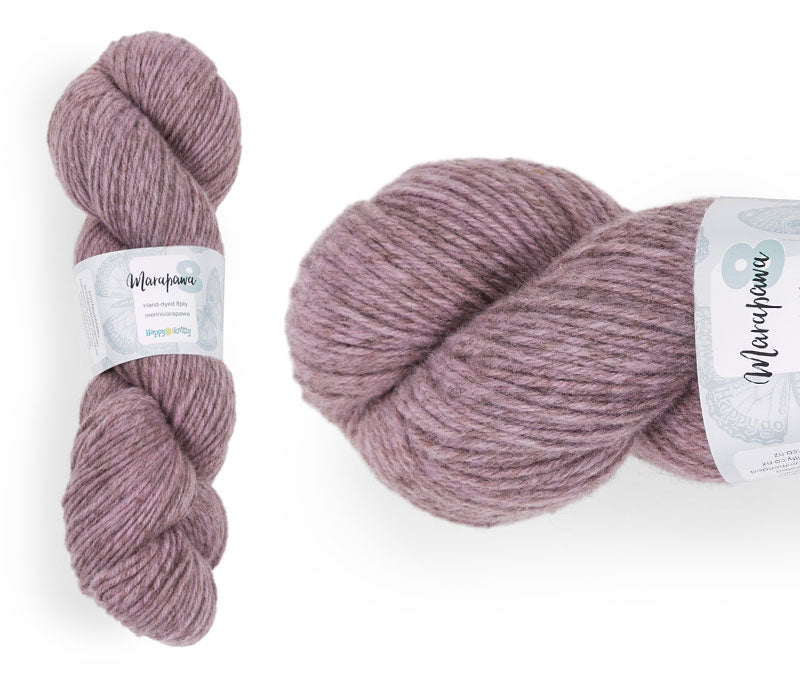 Hand-dyed yarn, 75% merino / 25% arapawa. Colourway: Mysterious Mauve. Available in 4ply and 8ply. A wonderful yarn spun here in NZ – merino blended with arapawa, a NZ rare breed. It's a very soft yarn, marled in a variegated style which creates darker and lighter shades through the knitted fabric. Wollenspun. Works very well for cables and beautiful for stranded and fair isle knitting. Suitable for garments, hats, scarves, mittens, and big, cosy shawls. 