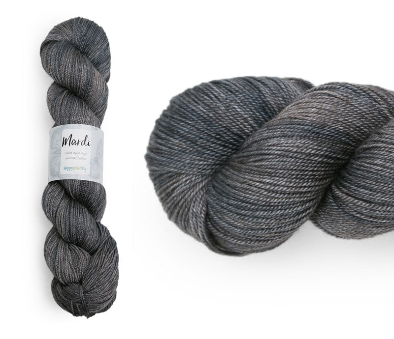 Hand-dyed, 20% yak / 20% silk / 60% superwash merino yarn. Colourway: Ashes. 4ply, 100g skeins/approx 365m. A luxurious yarn spun from exotic fibres. This yarn is silky and drapey so it works very well for shawls but can also be used for that special garment. 