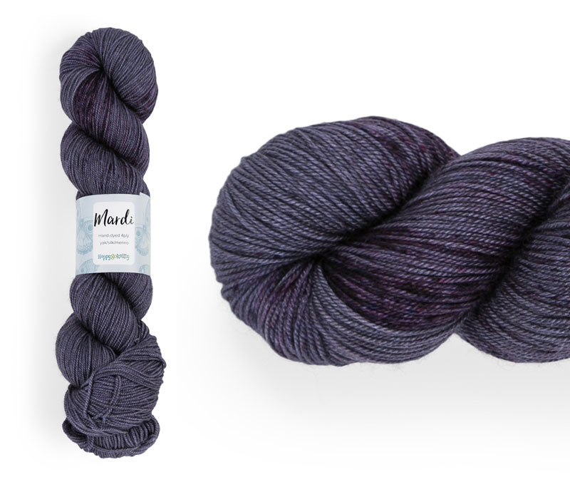 Hand-dyed, 20% yak / 20% silk / 60% superwash merino yarn. Colourway: Berry Sprinkle. 4ply, 100g skeins/approx 365m. A luxurious yarn spun from exotic fibres. This yarn is silky and drapey so it works very well for shawls but can also be used for that special garment. 
