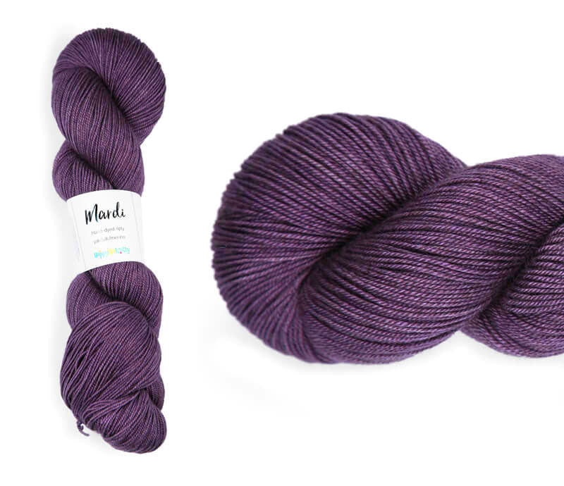 Hand-dyed, 20% yak / 20% silk / 60% superwash merino yarn. Colourway: Black Doris Plum. 4ply, 100g skeins/approx 365m. A luxurious yarn spun from exotic fibres. This yarn is silky and drapey so it works very well for shawls but can also be used for that special garment. 