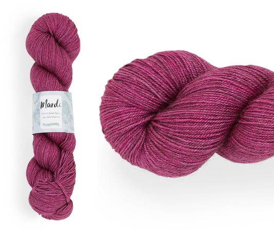 Hand-dyed, 20% yak / 20% silk / 60% superwash merino yarn. Colourway: Bubblegum. 4ply, 100g skeins/approx 365m. A luxurious yarn spun from exotic fibres. This yarn is silky and drapey so it works very well for shawls but can also be used for that special garment. 