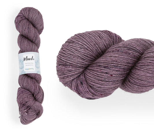 Hand-dyed, 20% yak / 20% silk / 60% superwash merino yarn. Colourway: Fairy Dust. 4ply, 100g skeins/approx 365m. A luxurious yarn spun from exotic fibres. This yarn is silky and drapey so it works very well for shawls but can also be used for that special garment. 