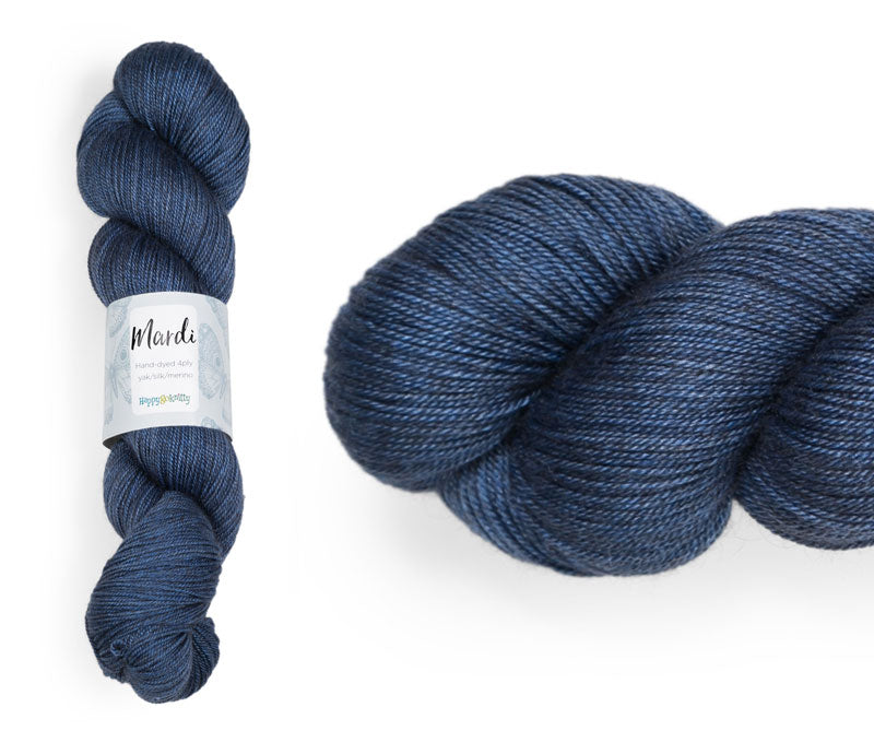 Hand-dyed, 20% yak / 20% silk / 60% superwash merino yarn. Colourway: Ink. 4ply, 100g skeins/approx 365m. A luxurious yarn spun from exotic fibres. This yarn is silky and drapey so it works very well for shawls but can also be used for that special garment. 