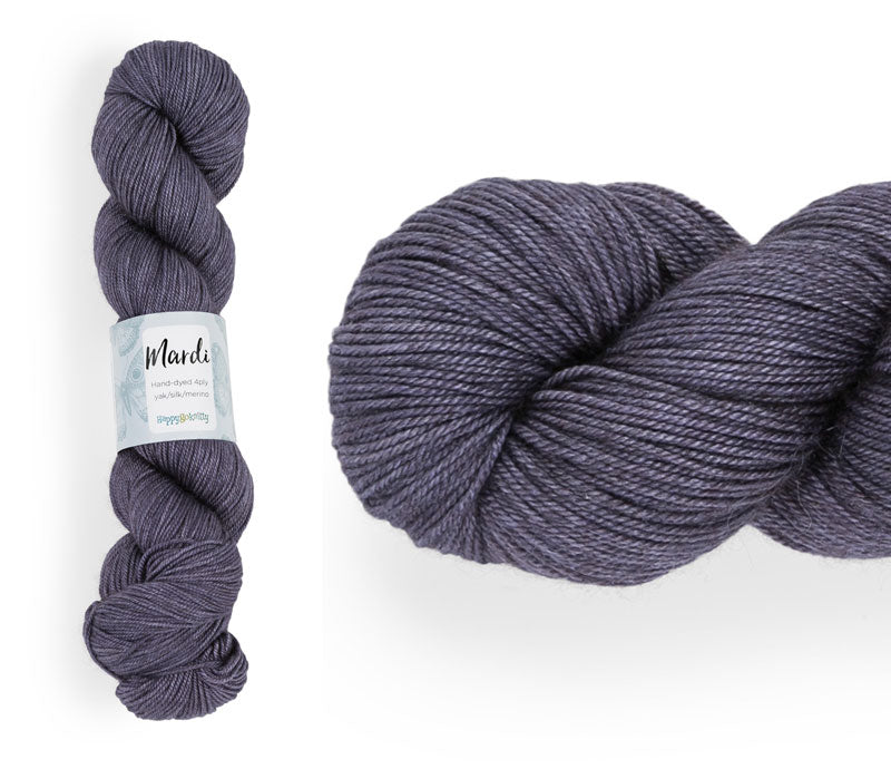 Hand-dyed, 20% yak / 20% silk / 60% superwash merino yarn. Colourway: Lavender Mist. 4ply, 100g skeins/approx 365m. A luxurious yarn spun from exotic fibres. This yarn is silky and drapey so it works very well for shawls but can also be used for that special garment. 
