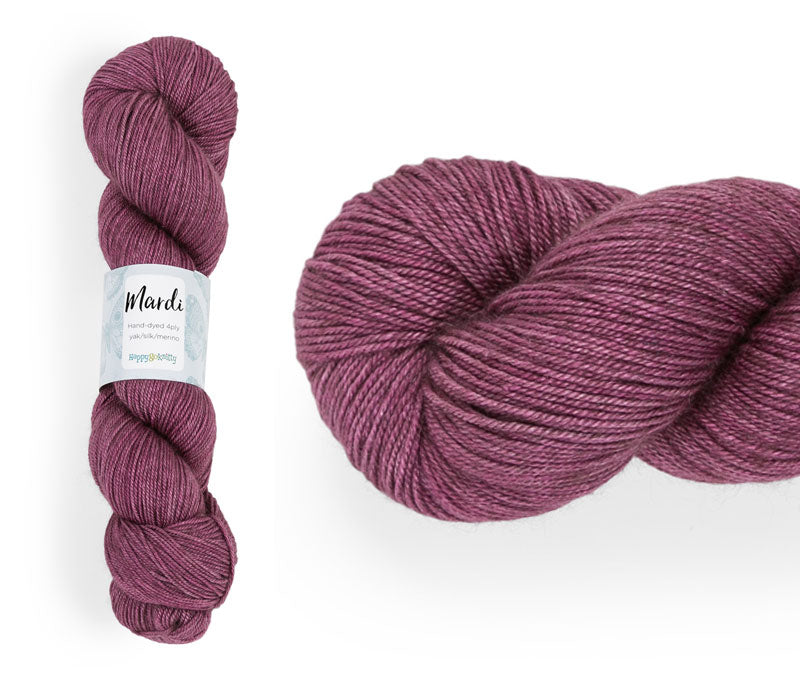 Hand-dyed, 20% yak / 20% silk / 60% superwash merino yarn. Colourway: Magnolia Tree. 4ply, 100g skeins/approx 365m. A luxurious yarn spun from exotic fibres. This yarn is silky and drapey so it works very well for shawls but can also be used for that special garment. 