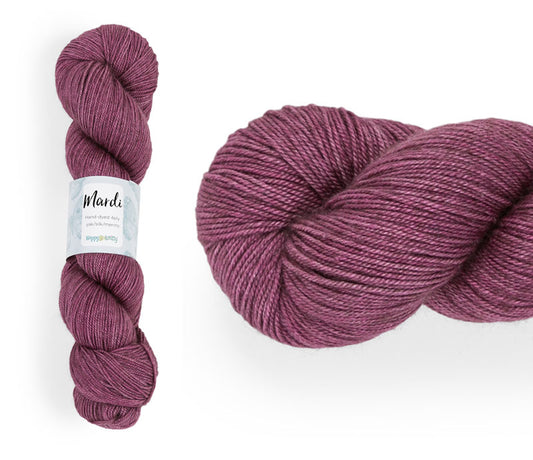 Hand-dyed, 20% yak / 20% silk / 60% superwash merino yarn. Colourway: Magnolia Tree. 4ply, 100g skeins/approx 365m. A luxurious yarn spun from exotic fibres. This yarn is silky and drapey so it works very well for shawls but can also be used for that special garment. 