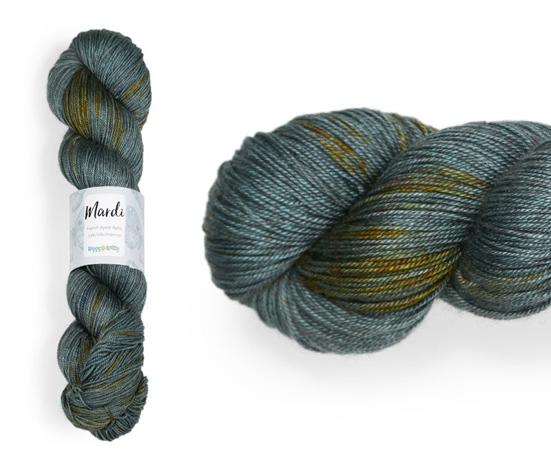 Hand-dyed, 20% yak / 20% silk / 60% superwash merino yarn. Colourway: Panning for Gold. 4ply, 100g skeins/approx 365m. A luxurious yarn spun from exotic fibres. This yarn is silky and drapey so it works very well for shawls but can also be used for that special garment. 