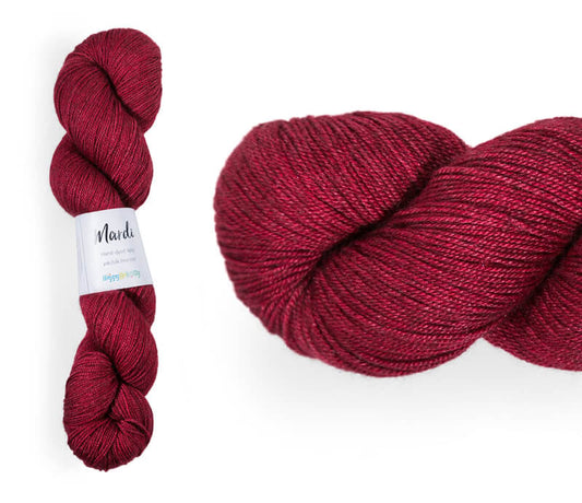 Hand-dyed, 20% yak / 20% silk / 60% superwash merino yarn. Colourway: Pohutukawa. 4ply, 100g skeins/approx 365m. A luxurious yarn spun from exotic fibres. This yarn is silky and drapey so it works very well for shawls but can also be used for that special garment. 
