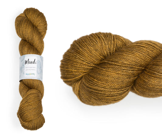 Hand-dyed, 20% yak / 20% silk / 60% superwash merino yarn. Colourway: Toffee. 4ply, 100g skeins/approx 365m. A luxurious yarn spun from exotic fibres. This yarn is silky and drapey so it works very well for shawls but can also be used for that special garment. 