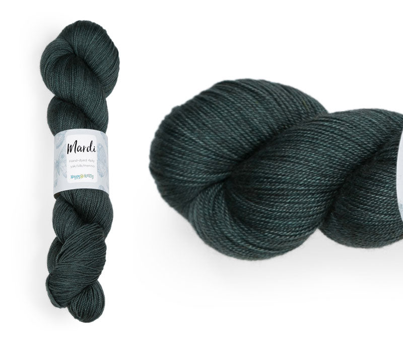 Hand-dyed, 20% yak / 20% silk / 60% superwash merino yarn. Colourway: Tui. 4ply, 100g skeins/approx 365m. A luxurious yarn spun from exotic fibres. This yarn is silky and drapey so it works very well for shawls but can also be used for that special garment. 