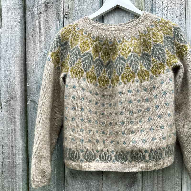 Florence sweater in Happy-go-knitty Āhuru merino/possum, blue/green version.