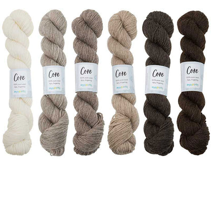 Happy-go-knitty Core, hand dyed 100% naturally coloured pure Corriedale wool, 4ply, 100g. Natural colours: White, Oatmeal, Silver, Coffee, Charcoal and Chocolate