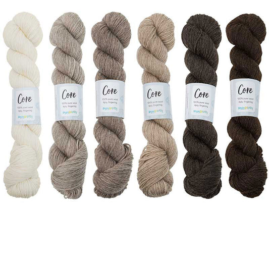 Happy-go-knitty Core, hand dyed 100% naturally coloured pure Corriedale wool, 4ply, 100g. Natural colours: White, Oatmeal, Silver, Coffee, Charcoal and Chocolate