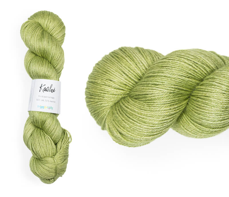 Hand-dyed, 50% silk / 50% superwash merino yarn. Colourway: Alfalfa Sprouts. 4ply. Smooth and soft with a stunning silk sheen. This yarn knits up beautifully for shawls and wraps. It can also be used for garments, scarves, hats, baby clothes, or other 4ply knitting. 