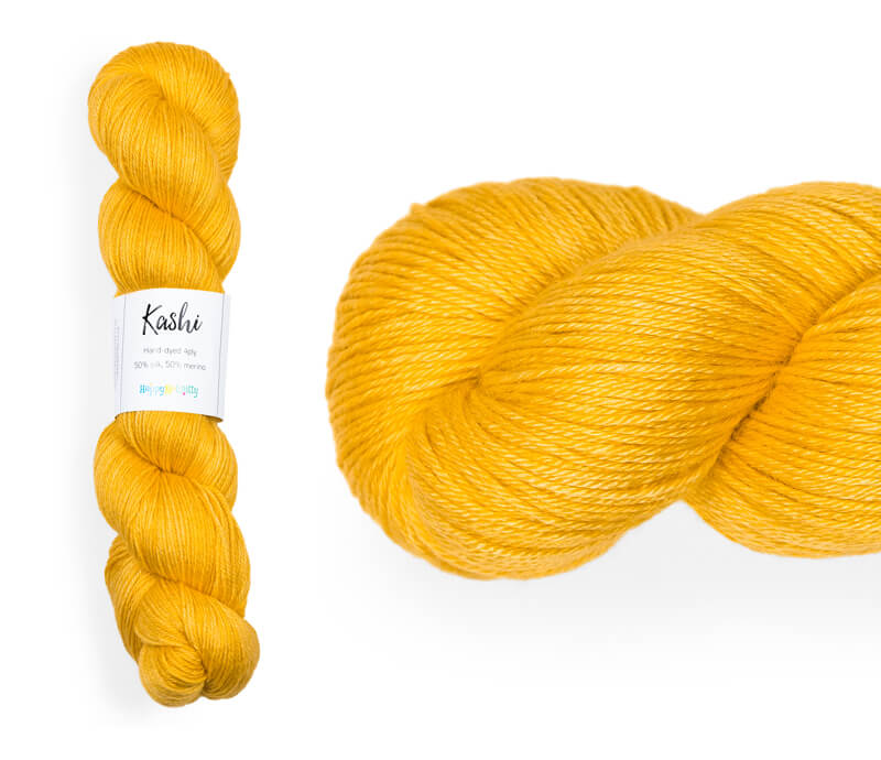 Hand-dyed, 50% silk / 50% superwash merino yarn. Colourway: English Mustard. 4ply. Smooth and soft with a stunning silk sheen. This yarn knits up beautifully for shawls and wraps. It can also be used for garments, scarves, hats, baby clothes, or other 4ply knitting. 