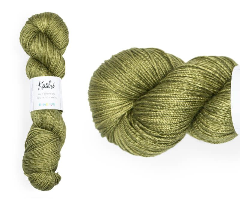 Hand-dyed, 50% silk / 50% superwash merino yarn. Colourway: Green Olives. 4ply. Smooth and soft with a stunning silk sheen. This yarn knits up beautifully for shawls and wraps. It can also be used for garments, scarves, hats, baby clothes, or other 4ply knitting. 