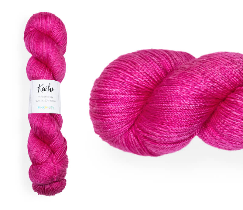 Hand-dyed, 50% silk / 50% superwash merino. Colourway: Hot Kisses. 4ply. Smooth and soft with a stunning silk sheen. This yarn knits up beautifully for shawl and wraps. It can also be used for garments, scarves, hats, baby clothes or other 4ply knitting. 