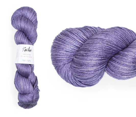 Hand-dyed, 50% silk / 50% superwash merino yarn. Colourway: Jacaranda. 4ply. Smooth and soft with a stunning silk sheen. This yarn knits up beautifully for shawl and wraps. It can also be used for garments, scarves, hats, baby clothes or other 4ply knitting. 