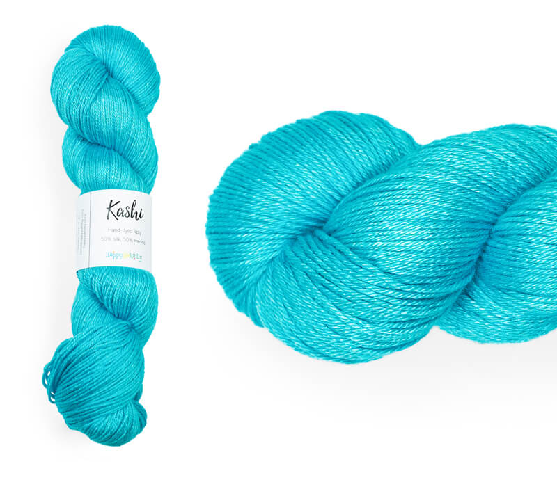 Hand-dyed, 50% silk / 50% superwash merino yarn. Colourway: Lagoon. 4ply. Smooth and soft with a stunning silk sheen. This yarn knits up beautifully for shawls and wraps. It can also be used for garments, scarves, hats, baby clothes, or other 4ply knitting. 