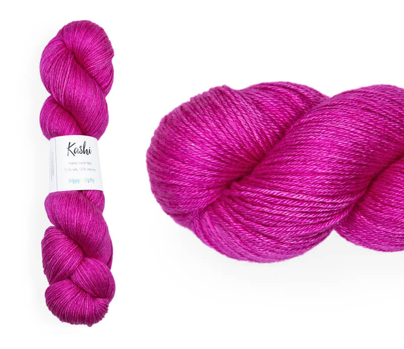 Hand-dyed, 50% silk / 50% superwash merino yarn. Colourway: Magenta Melody. 4ply. Smooth and soft with a stunning silk sheen. This yarn knits up beautifully for shawl and wraps. It can also be used for garments, scarves, hats, baby clothes or other 4ply knitting. 