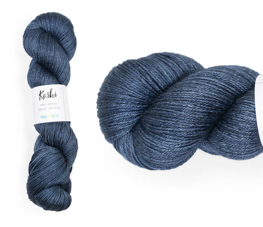 Hand-dyed, 50% silk / 50% superwash merino yarn. Colourway: Midwinter Night. 4ply. Smooth and soft with a stunning silk sheen. This yarn knits up beautifully for shawls and wraps. It can also be used for garments, scarves, hats, baby clothes, or other 4ply knitting. 
