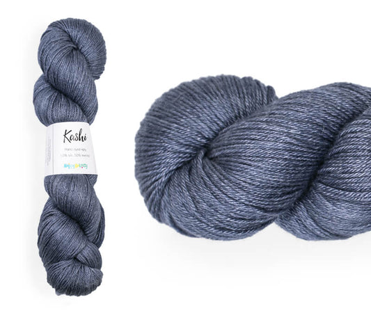 Hand-dyed, 50% silk / 50% superwash merino yarn. Colourway: Stormy Skies. 4ply. Smooth and soft with a stunning silk sheen. This yarn knits up beautifully for shawls and wraps. It can also be used for garments, scarves, hats, baby clothes, or other 4ply knitting. 