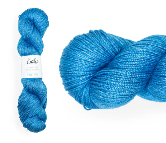 Hand-dyed, 50% silk / 50% superwash merino yarn. Colourway: Summer Sky. 4ply. Smooth and soft with a stunning silk sheen. This yarn knits up beautifully for shawls and wraps. It can also be used for garments, scarves, hats, baby clothes, or other 4ply knitting. 
