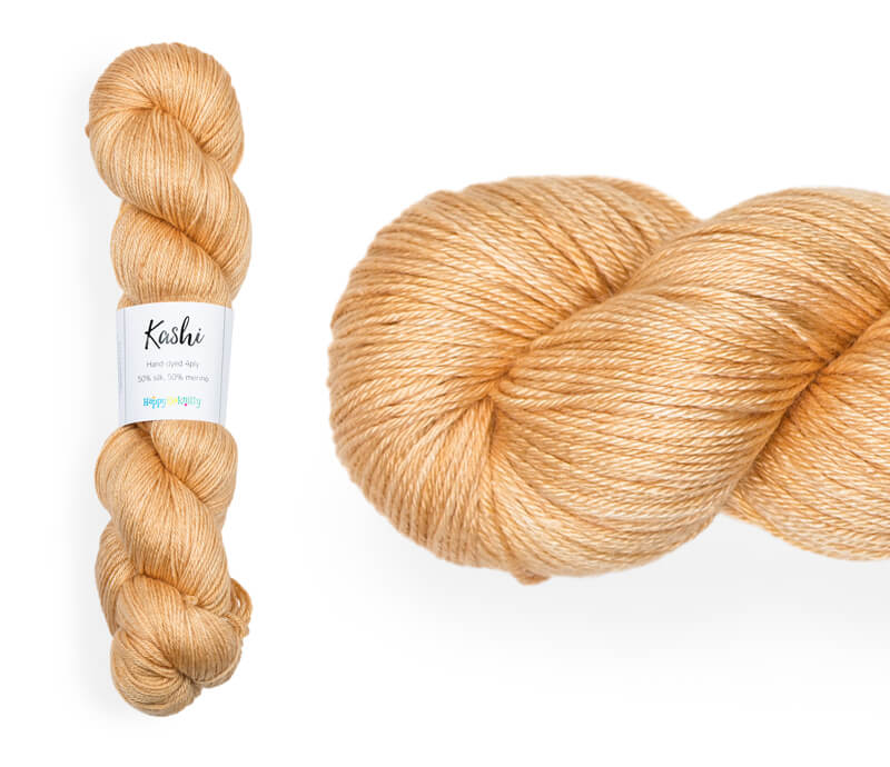Hand-dyed, 50% silk / 50% superwash merino yarn. Colourway: Time to Harvest. 4ply. Smooth and soft with a stunning silk sheen. This yarn knits up beautifully for shawls and wraps. It can also be used for garments, scarves, hats, baby clothes, or other 4ply knitting. 