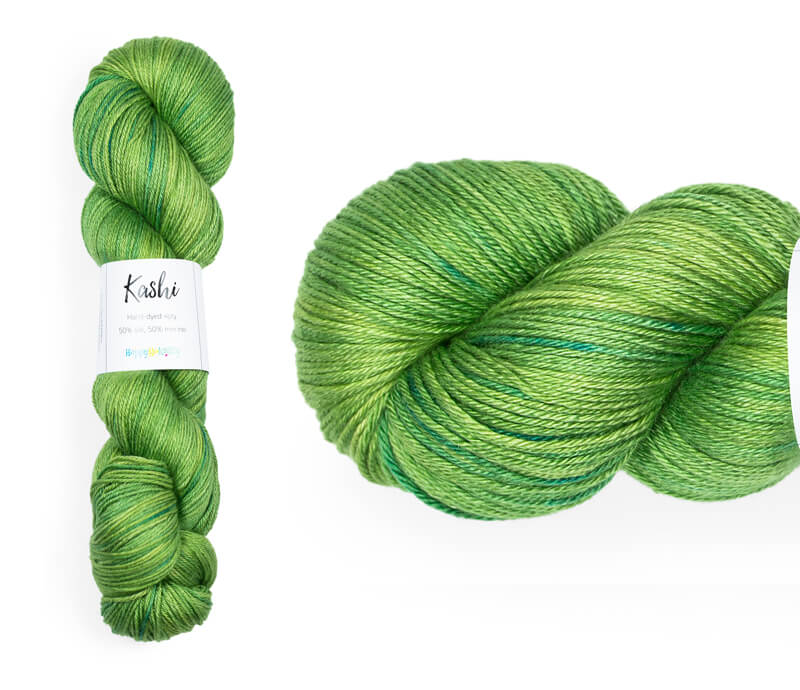 Hand-dyed, 50% silk / 50% superwash merino yarn. Colourway: Walking the Rainforest. 4ply. Smooth and soft with a stunning silk sheen. This yarn knits up beautifully for shawls and wraps. It can also be used for garments, scarves, hats, baby clothes, or other 4ply knitting. 