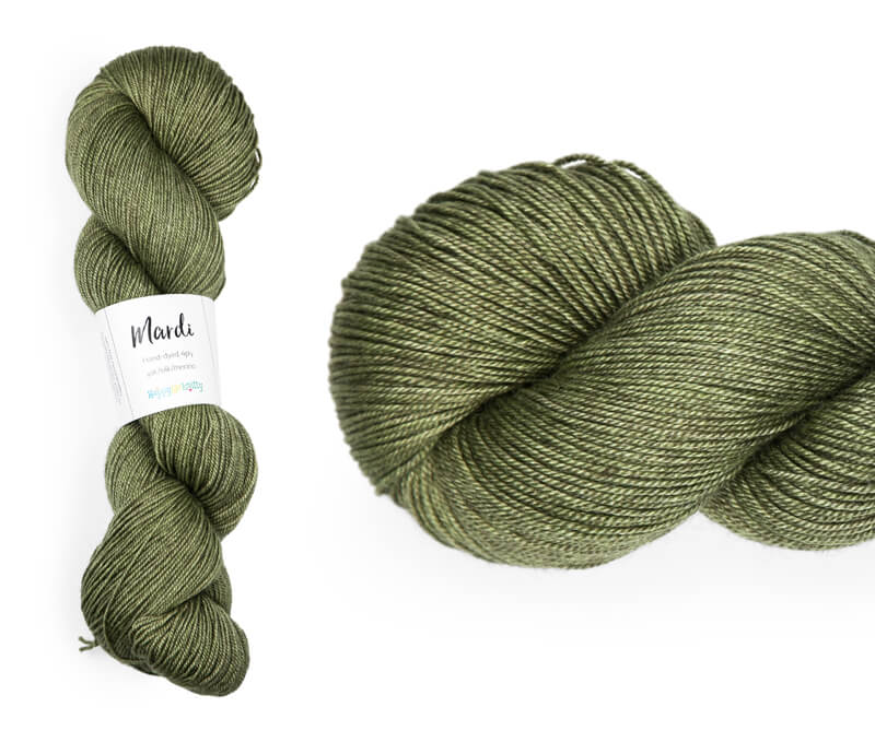 Hand-dyed, 20% yak / 20% silk / 60% superwash merino yarn. Colourway: Alfalfa Sprouts. 4ply, 100g skeins/approx 365m. A luxurious yarn spun from exotic fibres. This yarn is silky and drapey so it works very well for shawls but can also be used for that special garment. 