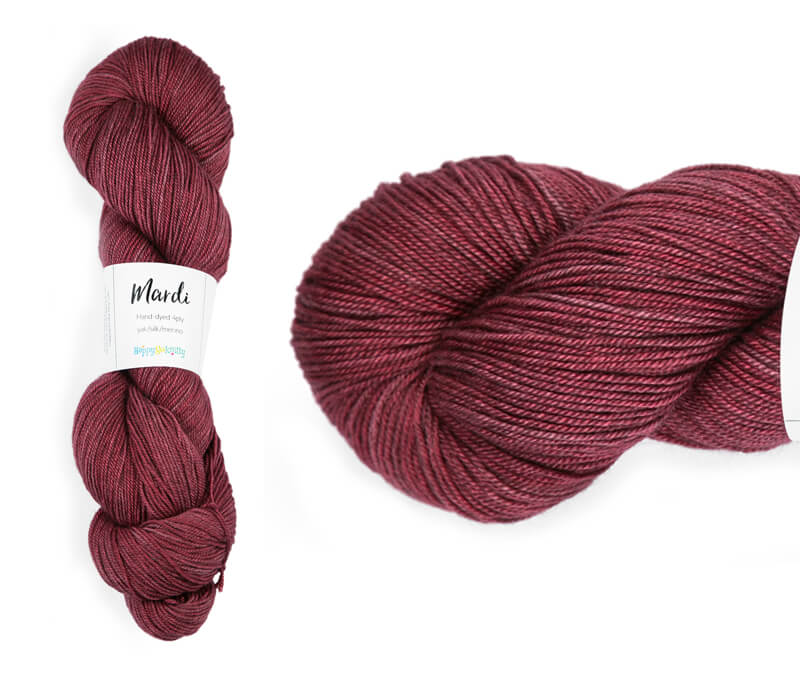 Hand-dyed, 20% yak / 20% silk / 60% superwash merino yarn. Colourway: Bloody Mary. 4ply, 100g skeins/approx 365m. A luxurious yarn spun from exotic fibres. This yarn is silky and drapey so it works very well for shawls but can also be used for that special garment. 