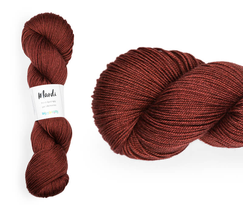 Hand-dyed, 20% yak / 20% silk / 60% superwash merino yarn. Colourway: Cayenne. 4ply, 100g skeins/approx 365m. A luxurious yarn spun from exotic fibres. This yarn is silky and drapey so it works very well for shawls but can also be used for that special garment.