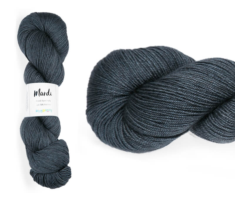 Hand-dyed, 20% yak / 20% silk / 60% superwash merino yarn. Colourway: Clouds of Thunder. 4ply, 100g skeins/approx 365m. A luxurious yarn spun from exotic fibres. This yarn is silky and drapey so it works very well for shawls but can also be used for that special garment. 