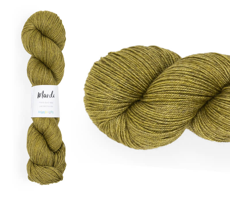 Hand-dyed, 20% yak, 20% silk, 60% superwash merino yarn. Colourway: Custard Apple. 4ply, 100g skeins/approx 365m. A luxurious yarn spun from exotic fibres. This yarn is silky and drapey so it works very well for shawls but can also be used for that special garment. 