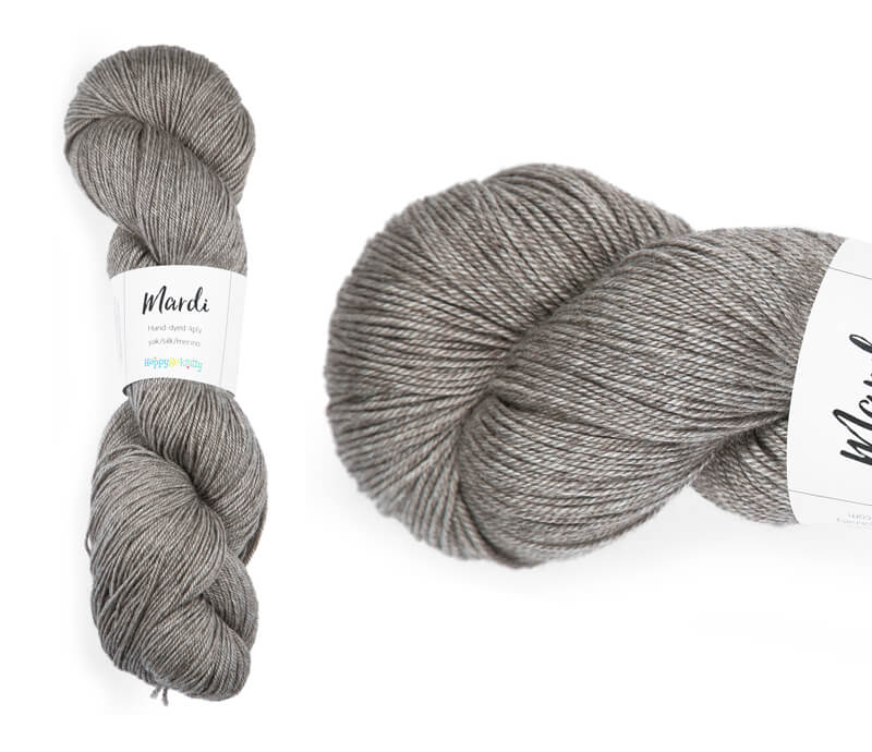 Hand-dyed, 20% yak / 20% silk / 60% superwash merino yarn. Colourway: Driftwood. 4ply, 100g skeins/approx 365m. A luxurious yarn spun from exotic fibres. This yarn is silky and drapey so it works very well for shawls but can also be used for that special garment. 