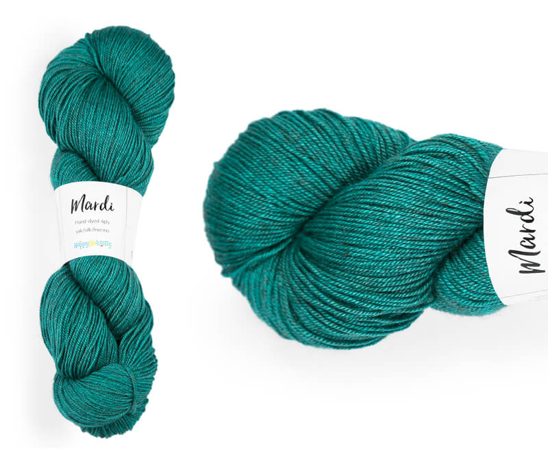 Hand-dyed, 20% yak / 20% silk / 60% superwash merino yarn. Colourway: Emerald Lake. 4ply, 100g skeins/approx 365m. A luxurious yarn spun from exotic fibres. This yarn is silky and drapey so it works very well for shawls but can also be used for that special garment. 
