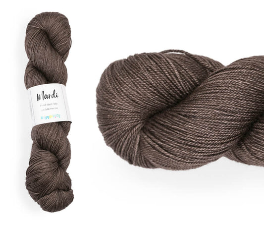 Hand-dyed, 20% yak, 20% silk, 60% superwash merino yarn. Colourway: Endless Pine Trees. 4ply, 100g skeins/approx 365m. A luxurious yarn spun from exotic fibres. This yarn is silky and drapey so it works very well for shawls but can also be used for that special garment. 