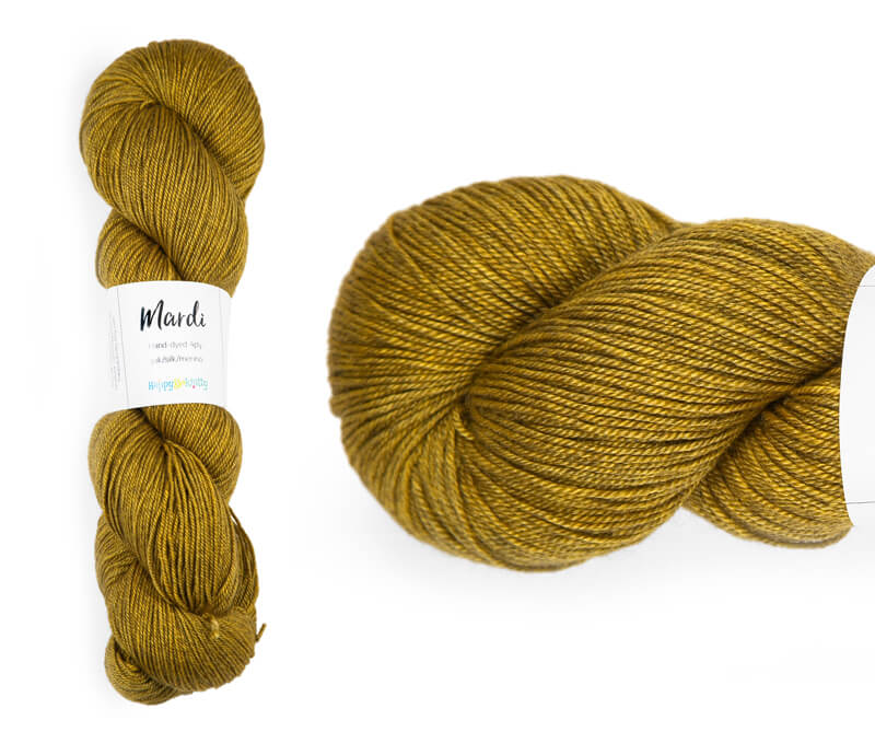 Hand-dyed, 20% yak, 20% silk, 60% superwash merino yarn. Colourway: English Mustard. 4ply, 100g skeins/approx 365m. A luxurious yarn spun from exotic fibres. This yarn is silky and drapey so it works very well for shawls but can also be used for that special garment. 