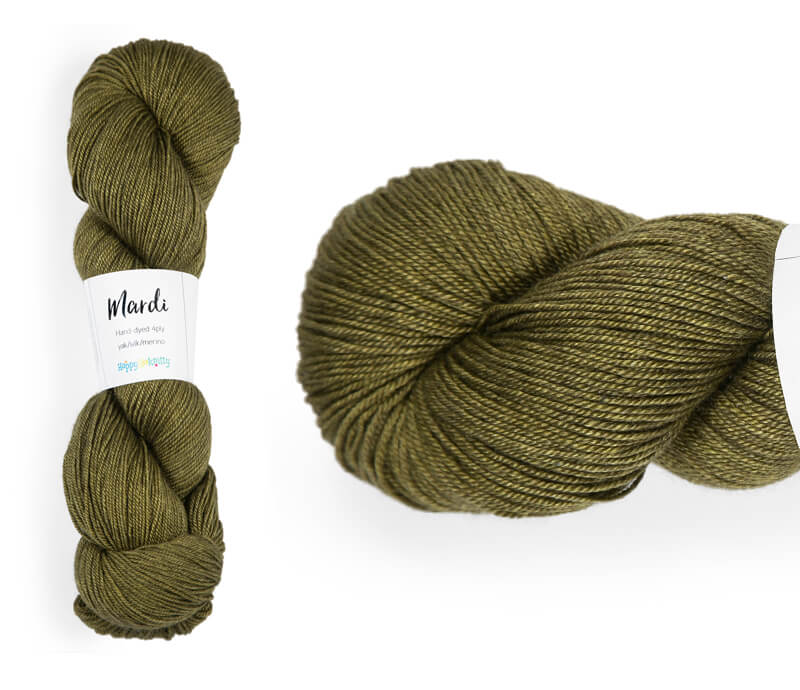 Hand-dyed, 20% yak / 20% silk / 60% superwash merino yarn. Colourway: Extra Virgin Olive Oil. 4ply, 100g skeins/approx 365m. A luxurious yarn spun from exotic fibres. This yarn is silky and drapey so it works very well for shawls but can also be used for that special garment. 