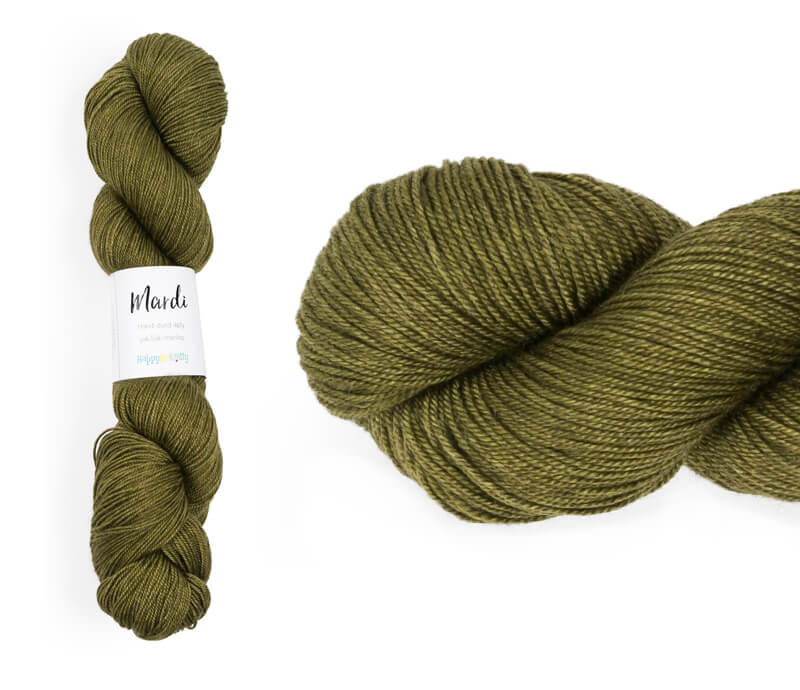 Hand-dyed, 20% yak / 20% silk / 60% superwash merino yarn. Colourway: Green Olives. 4ply, 100g skeins/approx 365m. A luxurious yarn spun from exotic fibres. This yarn is silky and drapey so it works very well for shawls but can also be used for that special garment. 