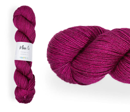 Hand-dyed, 20% yak / 20% silk / 60% superwash merino yarn. Colourway: Hot Kisses. 4ply, 100g skeins/approx 365m. A luxurious yarn spun from exotic fibres. This yarn is silky and drapey so it works very well for shawls but can also be used for that special garment. 