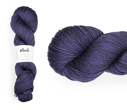 Hand-dyed, 20% yak / 20% silk / 60% superwash merino yarn. Colourway: Jacaranda. 4ply, 100g skeins/approx 365m. A luxurious yarn spun from exotic fibres. This yarn is silky and drapey so it works very well for shawls but can also be used for that special garment. 