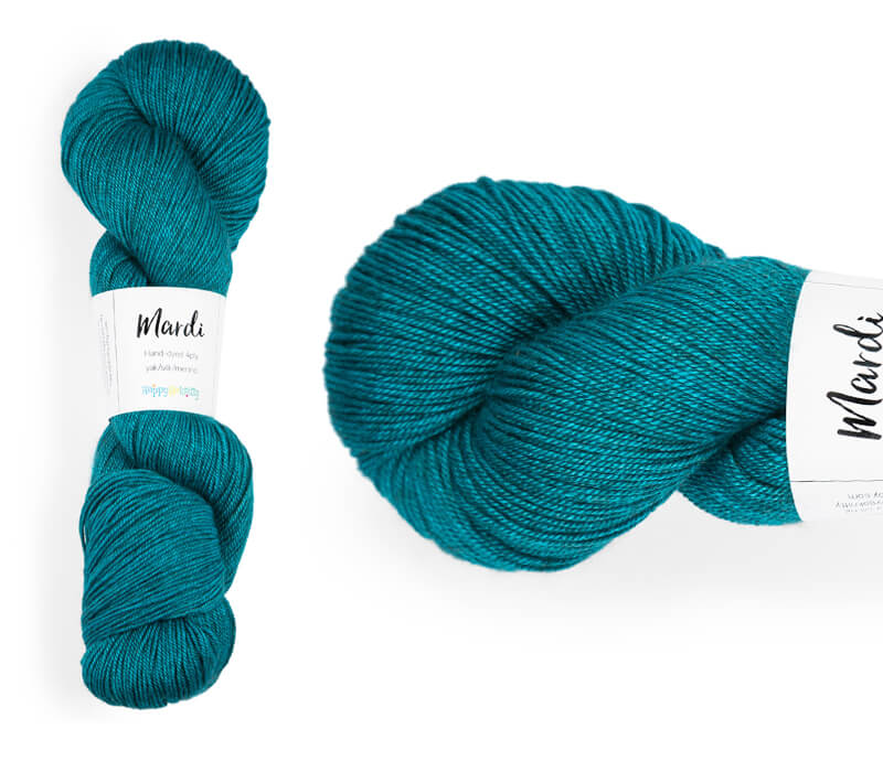 Hand-dyed, 20% yak / 20% silk / 60% superwash merino yarn. Colourway: Lagoon. 4ply, 100g skeins/approx 365m. A luxurious yarn spun from exotic fibres. This yarn is silky and drapey so it works very well for shawls but can also be used for that special garment. 