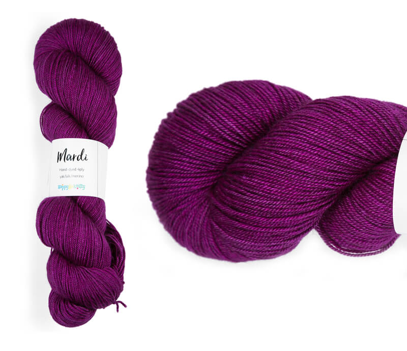 Hand-dyed, 20% yak / 20% silk / 60% superwash merino yarn. Colourway: Magenta Melody. 4ply, 100g skeins/approx 365m. A luxurious yarn spun from exotic fibres. This yarn is silky and drapey so it works very well for shawls but can also be used for that special garment. 