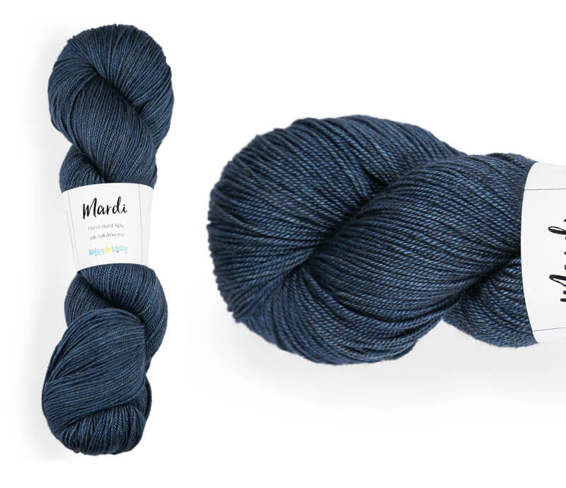Hand-dyed, 20% yak / 20% silk / 60% superwash merino yarn. Colourway: Midwinter Night. 4ply, 100g skeins/approx 365m. A luxurious yarn spun from exotic fibres. This yarn is silky and drapey so it works very well for shawls but can also be used for that special garment. 
