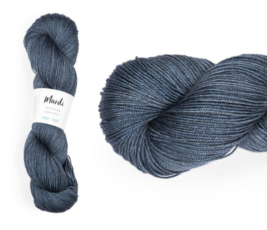 Hand-dyed, 20% yak / 20% silk / 60% superwash merino yarn. Colourway: My Favourite Jeans. 4ply, 100g skeins/approx 365m. A luxurious yarn spun from exotic fibres. This yarn is silky and drapey so it works very well for shawls but can also be used for that special garment. 