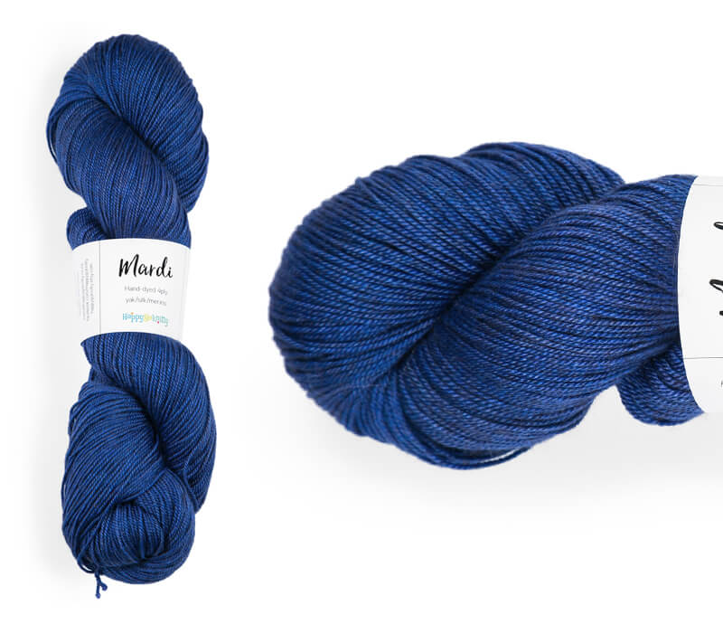 Hand-dyed, 20% yak / 20% silk / 60% superwash merino yarn. Colourway: Promise of Love. 4ply, 100g skeins/approx 365m. A luxurious yarn spun from exotic fibres. This yarn is silky and drapey so it works very well for shawls but can also be used for that special garment. 