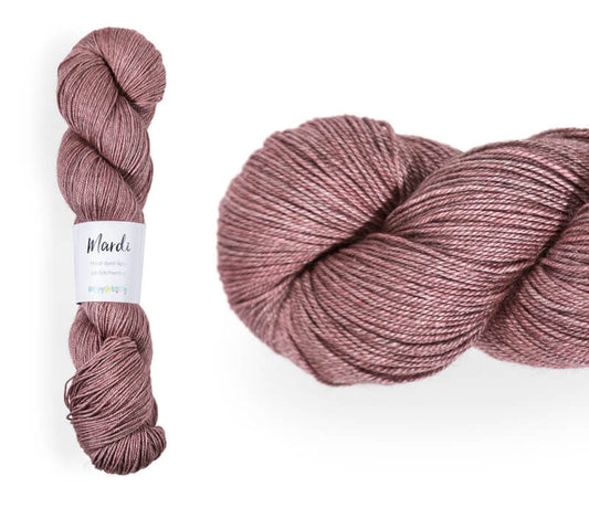 Hand-dyed, 20% yak / 20% silk / 60% superwash merino yarn. Colourway: Rosy Cheeks. 4ply, 100g skeins/approx 365m. A luxurious yarn spun from exotic fibres. This yarn is silky and drapey so it works very well for shawls but can also be used for that special garment. 