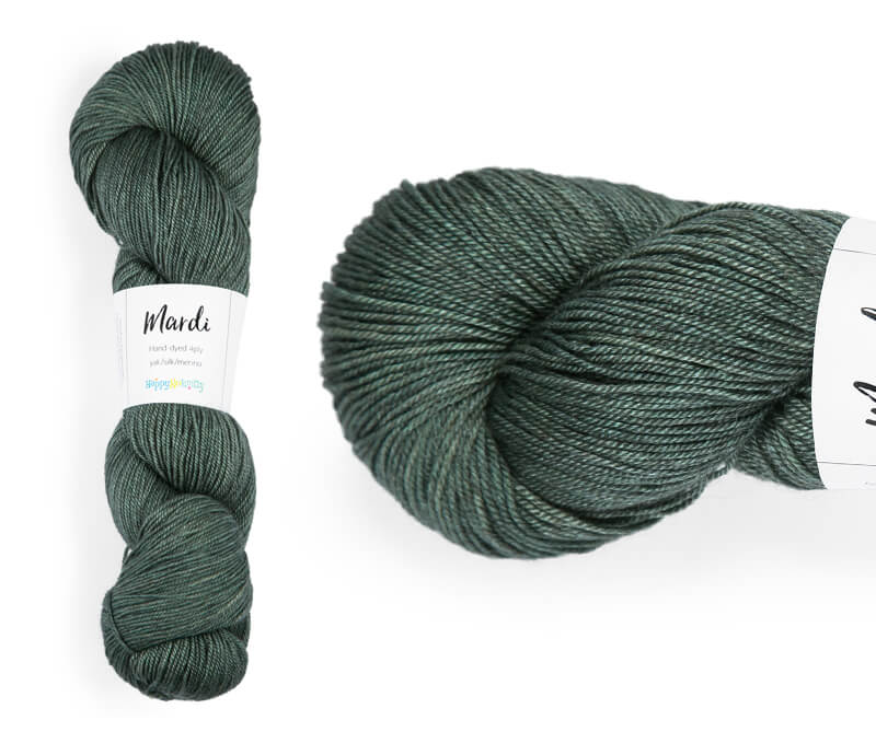 Hand-dyed, 20% yak / 20% silk / 60% superwash merino yarn. Colourway: Silver Fern. 4ply, 100g skeins/approx 365m. A luxurious yarn spun from exotic fibres. This yarn is silky and drapey so it works very well for shawls but can also be used for that special garment. 